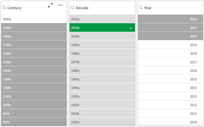 Century Decade and Year selection in Qlik Sense